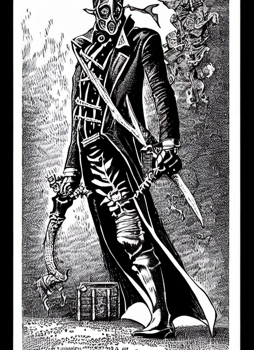 Image similar to spring - heeled jack d & d style illustration, full body, pen - and - ink illustration, etching, by russ nicholson, david a trampier, larry elmore, 1 9 8 1, hq scan, intricate details, inside stylized border