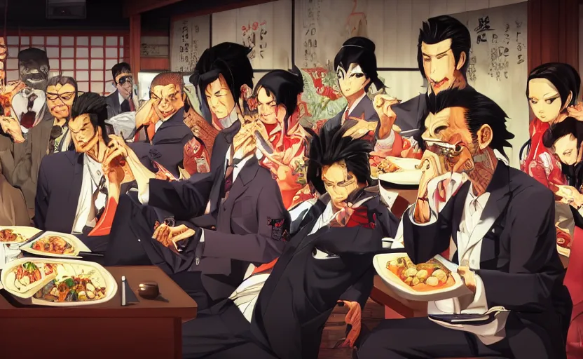 Prompt: a gang of yakuza eating sushi, digital painting masterpiece, advanced lighting technology, stylized yet realistic anatomy and face, gorgeous, by reiq and jamie hewlett and bengus and akiman and shigenori soejima and bastien vives and balak and michael sanlaville, 4 k wallpaper, cinematic, gorgeous brush strokes