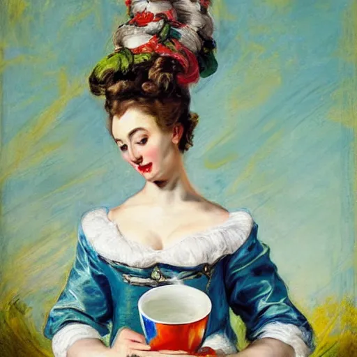 Image similar to eavenly summer sharp land sphere scallop well dressed lady holding a tall paper cup coffee, auslese, by peter paul rubens and eugene delacroix and karol bak, hyperrealism, digital illustration, fauvist, tall paper cup coffee, green coffee logo