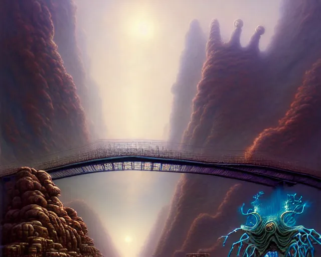 Image similar to street view of a bridge being held up by two handsl, fantasy landscape made of fractals facing each other, ultra realistic, wide angle, intricate details, the fifth element artifacts, highly detailed by peter mohrbacher, hajime sorayama, wayne barlowe, boris vallejo, aaron horkey, gaston bussiere, craig mullins