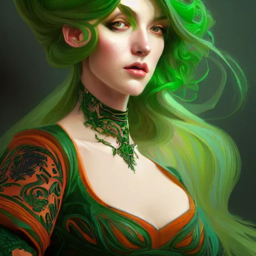 Image similar to aristocrat, green black orange color palette, female, d & d, fantasy, intricate, elegant, highly detailed, long green hair, digital painting, artstation, octane render, concept art, matte, sharp focus, illustration, hearthstone, art by artgerm, alphonse mucha johannes voss