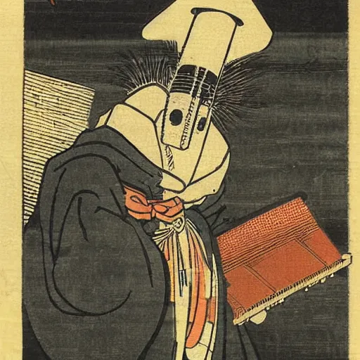 Image similar to ancient Japanese woodcut block print ukiyo-e plague doctor triptych