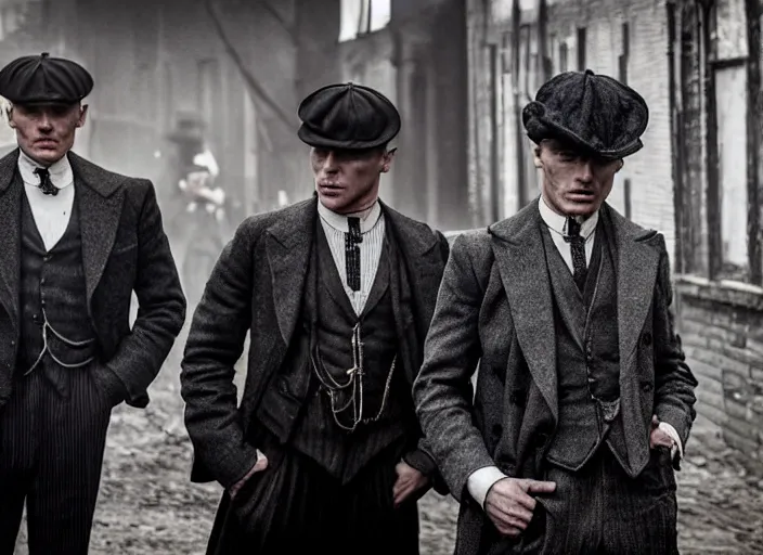 Image similar to a scene from peaky blinders, medium long shot, 3 / 4 shot, full body picture of cillian murphy and tom hardy, sharp eyes, serious expressions, detailed and symmetric faces, black and white, epic,