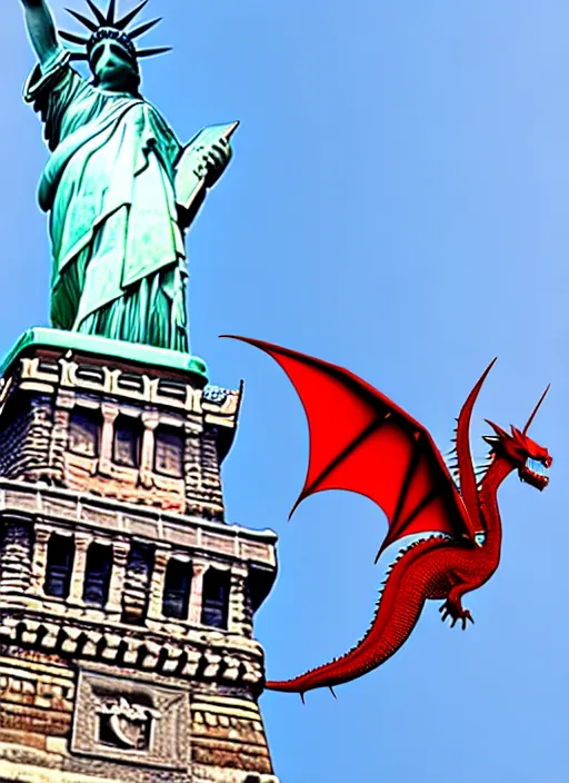 Image similar to red dragon and statue of liberty