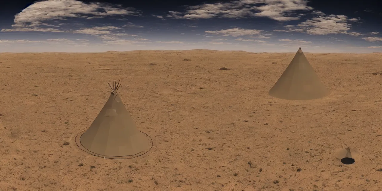 Prompt: equirectangular projection of a western desert meets science fiction movie scene, alien landscape, flying saucer and a native american teepee 8 k