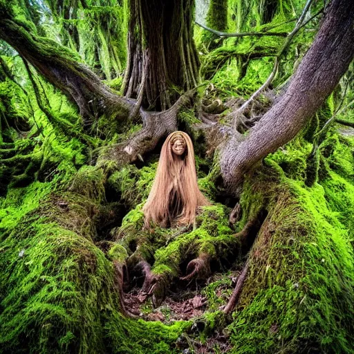 Image similar to a photo of mother nature emerging from a tree covered in roots and moss, nature, trees, human tree