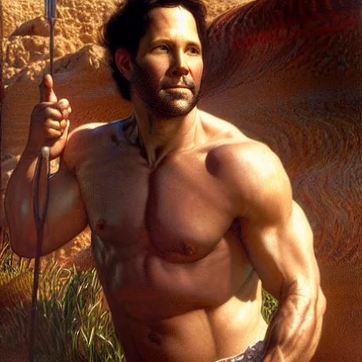 Image similar to muscular paul rudd as the biblical noah, ark in the distance natural lighting, path traced, highly detailed, high quality, digital painting, by gaston bussiere, craig mullins, alphonse mucha j. c. leyendecker, tom of finland