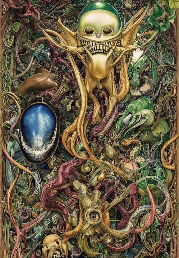 Image similar to simplicity, simple, elegant, colorful muscular robot, botany, orchids, radiating, mandala, psychedelic, garden environment, dappled sun, wolf skulls, by h. r. giger and esao andrews and maria sibylla merian eugene delacroix, gustave dore, thomas moran, pop art, biomechanical xenomorph, art nouveau, cheerful