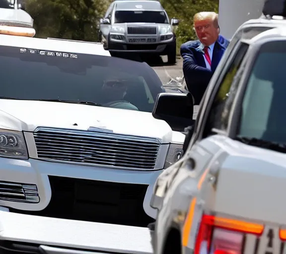 Image similar to close up photo donald trump driving white suv, freeway, police cars, ap news photo