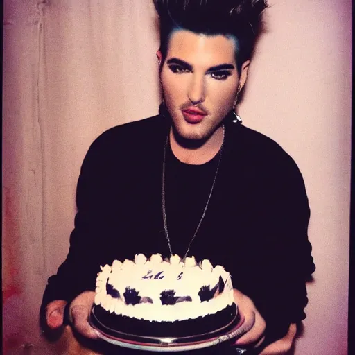 Image similar to Polaroid of Adam Lambert holding a birthday cake