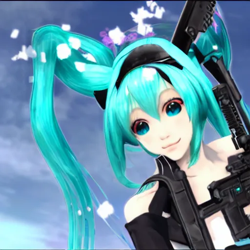 Image similar to hatsune miku in csgo mod, player skin, screenshot