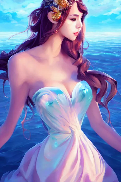 Image similar to a beautiful fashion goddness of love, chic strapless dress, tropical sea background, character design, in the style of artgerm, and wlop, cinematic lighting, hyperdetailed, 8 k realistic, symmetrical, global illumination, radiant light, frostbite 3 engine, cryengine, dof, trending on artstation, digital art