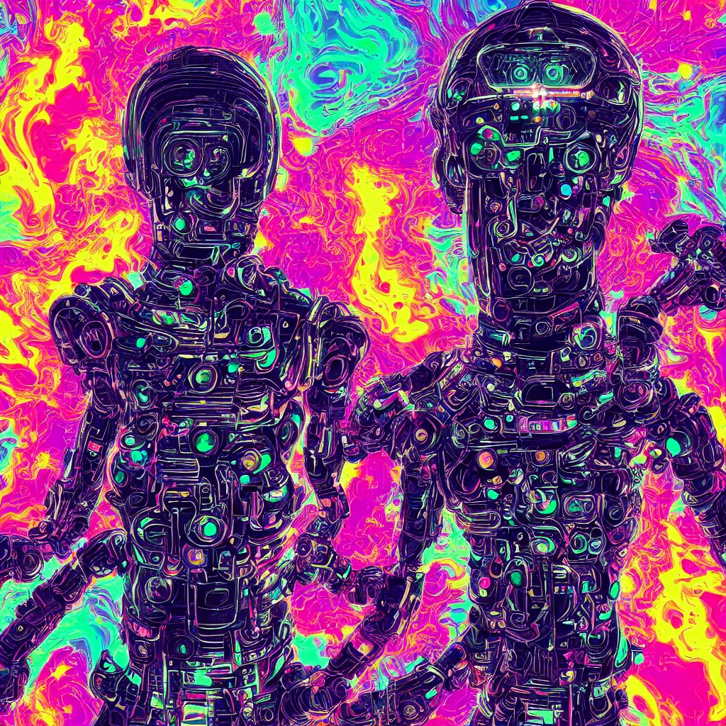 Image similar to photo of a black tshirt with a hyperdetailed futuristic trippy cyberpunk meditating robot head, 8 k, symetrical, flourescent colors, multicolored tshirt art,