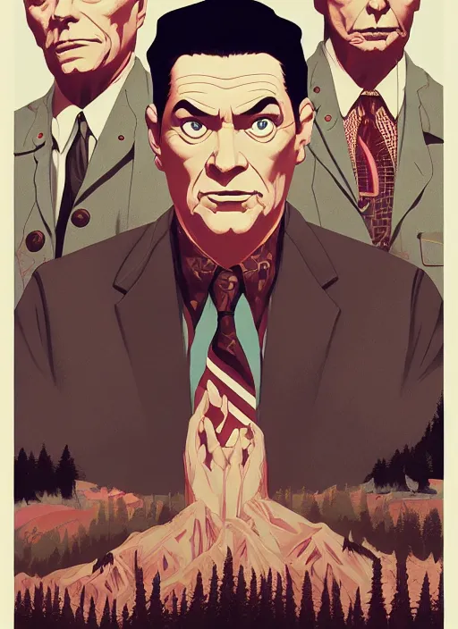 Prompt: Twin Peaks poster artwork by Tomer Hanuka, Rendering a the cult leaders, by Michael Whelan, Makoto Shinkai and thomas kinkade, Matte painting, trending on artstation and unreal engine