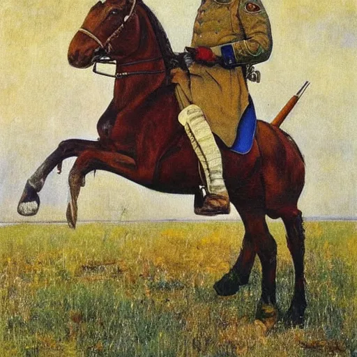 Prompt: painting of a soviet officer on his horse, pistol in his hand, leading his soldiers into battle, fine art, painted by carl larsson , art deco W 1024