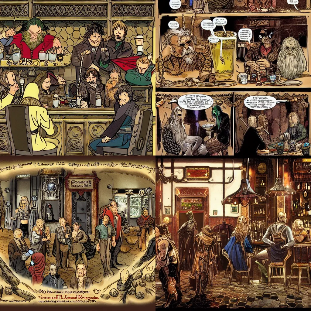 Prompt: Lord of the rings characters and marvel super heroes having drinks in a victorian bar, intricate details