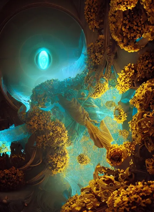 Image similar to flowers within the whole infinite capsule apparent with awe the apparition, an idea seep's into infinity highly detailed in volumetric latent space, golden turquoise steampunk, high contrast cinematic light, mystical shadows, sharp focus, divine realm of gods, octane render, artist by boris vallejo,