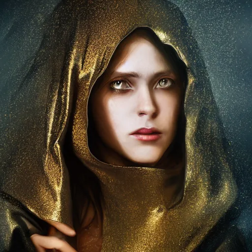 Prompt: a portrait of a young woman wearing a long dark cloak, hood and shadows covering face, holding golden chains, oil painting, Volumetric Golden dappled dynamic lighting, Highly Detailed, Cinematic Lighting, Unreal Engine, 8k, HD