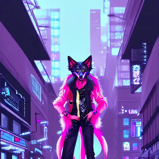Prompt: beautiful furry digital art portrait commission of an androgynous furry anthro wolf fursona wearing punk clothes in the streets of a cyberpunk city. neon signs. character design by charlie bowater, ross tran, artgerm, and makoto shinkai, detailed, inked