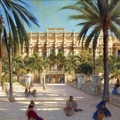 Image similar to a ultradetailed beautiful painting of the amazonas palace balustrade designed by jules bastien - lepage, hans belmer, frank weston and gustave baumann, beach, trending on artstation, mediterranean, palm trees, refracted color sparkles, sharp focus, soft light, 8 k 4 k