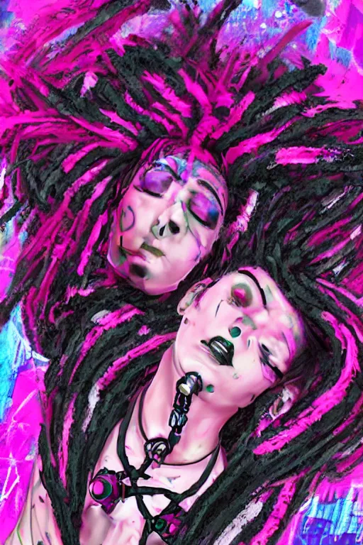 Prompt: portrait of an cybergoth girl with pink and black dreads laying on the floor of her room on ipad, by laia lopez, vaporwave colors, lo - fi colors, vaporwave, lo - fi, moody vibe, goth vibe, 4 k, hd,