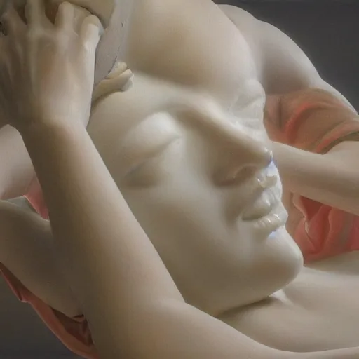 Prompt: A beautiful oil painting of a Ancient Greek Marble Sculpture of a Greek Scarlet Johannsen lying on a silk cloth, fog, volumetric lighting, summer, hyperrealistic, hyperdetailed.