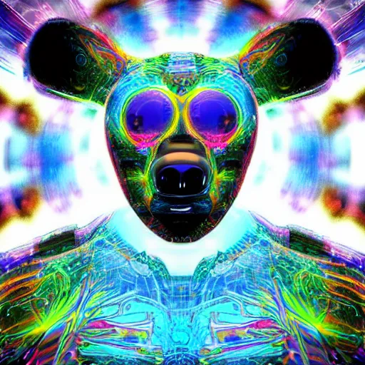 Prompt: Psychedelic futuristic robotic human bear; side on portrait with white background; photo realistic