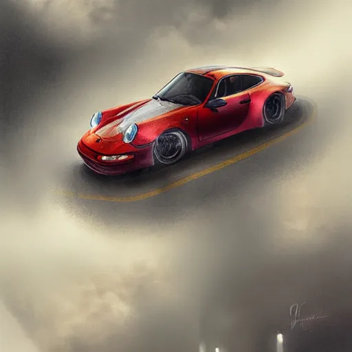 Image similar to a Porsce 911 Carrera 3.2 on silk cloth, fog, volumetric lighting, intricate, elegant, highly detailed, digital painting, artstation, concept art, smooth, sharp focus, illustration, art by artgerm and greg rutkowski and alphonse mucha