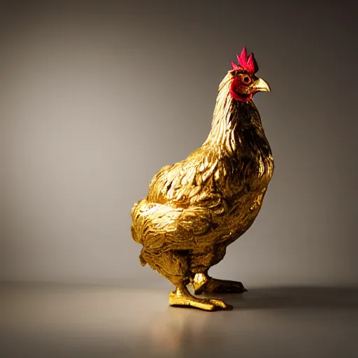 Image similar to a golden statue of a chicken, studio lighting, award-winning photograph