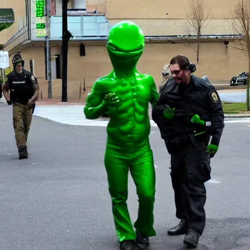 Image similar to fbi arresting a green alien