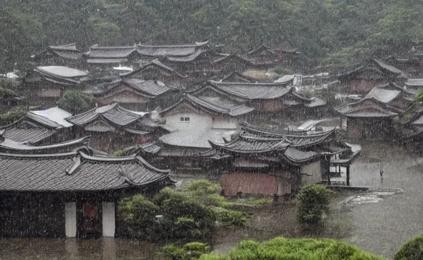 Prompt: A japanese village in pouring rain