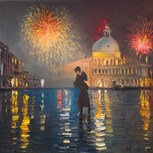 Image similar to an oil painting of couple kissing, in a background fireworks in venice