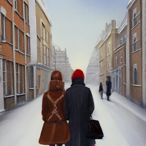 Image similar to two people in the street of london in winters, trending on artstation