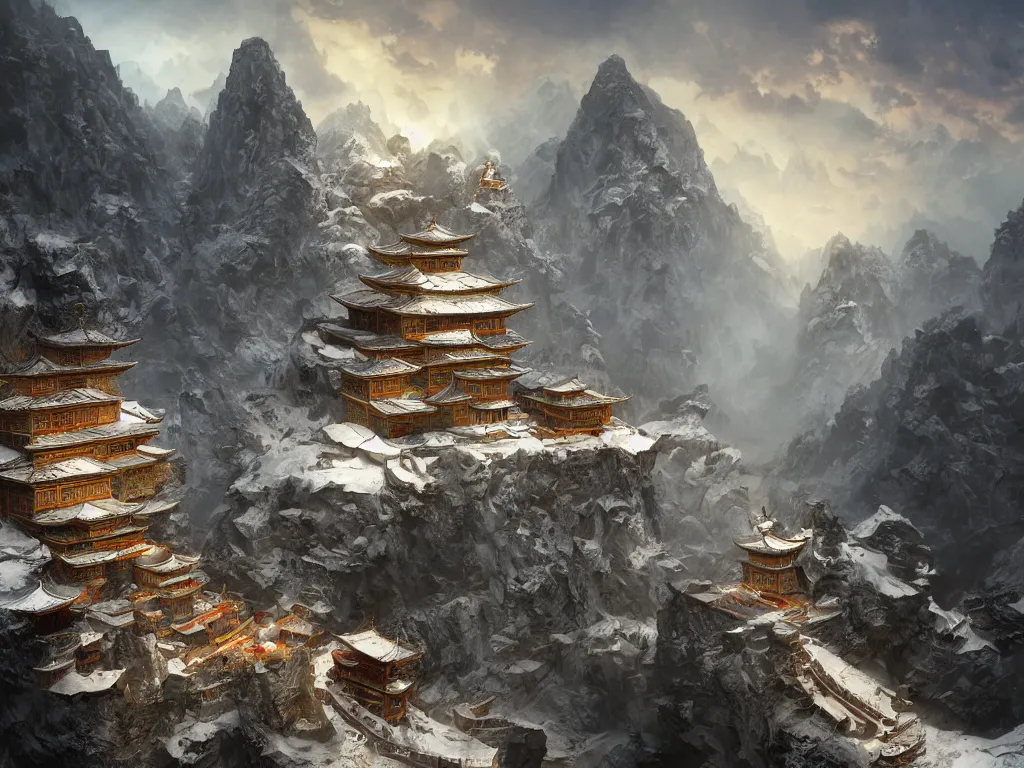 Image similar to shaolin monastery on snowy mountain, rope ladder everywhere, trending on artstation, by frank frazetta, concept art, digital art, cool color palette, 8 k, sad, incandescent, cinematic lighting, ray tracing ambient occlusion, in a symbolic and meaningful style, insanely detailed and intricate, hypermaximalist, elegant, ornate, hyper realistic, super detailed