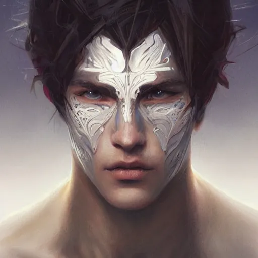 Image similar to portrait of knight, white eyes, white mid hair, scar on face, handsome, elegant, intricate, headshot, highly detailed, digital painting, artstation, concept art, sharp focus, illustration, art by artgerm and greg rutkowski and alphonse mucha