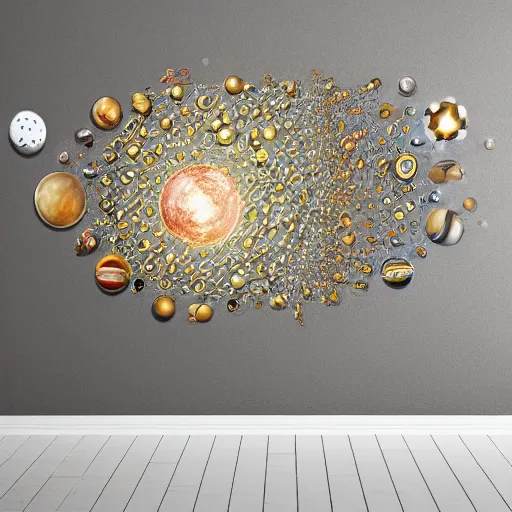 Prompt: elements of the cosmos collection on wall, multiverse astronauts standing below and beside multiverse portal