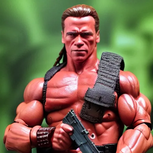 Image similar to a 12 inch action figure of Arnold Schwarzenegger from Predator. Big muscles. Holding an automatic rifle in his hands. Plastic shiny.