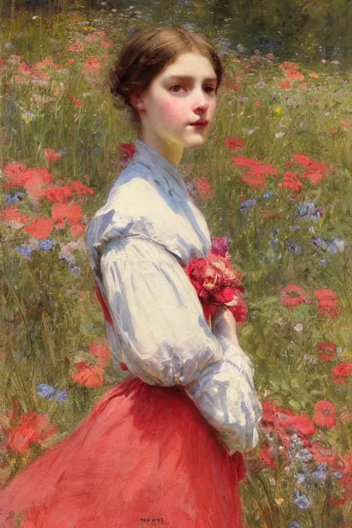 Image similar to Solomon Joseph Solomon and Richard Schmid and Jeremy Lipking victorian genre painting portrait painting of an elegant slim young cottagecore girl in an open field of flowers, red background