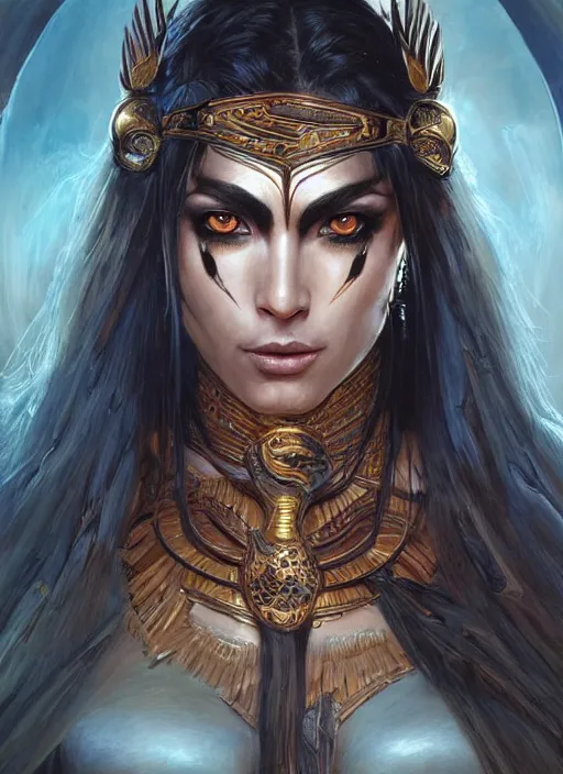 Image similar to a highly detailed symmetrical painting of a female amazon warrior with piercing beautiful eyes in dark tomb setting, dynamic lighting, ambient lighting, deviantart, art by artgerm and karol bak and mark brooks