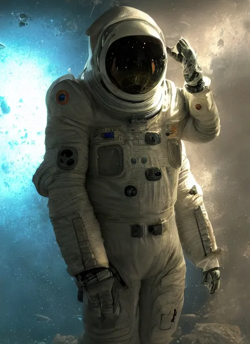 Image similar to concept art by craig mullins infrared complex and hyperdetailed technical astronaut suit in futuristic dark and empty spaceship underwater. reflection and dispersion materials. rays and dispersion of light. volumetric light. 5 0 mm, f / 3 2. noise film photo. flash photography. unreal engine 4, octane render. interstellar movie art