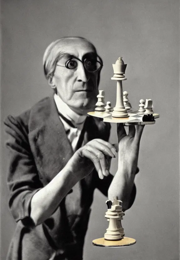 Prompt: a man holding up a single chess piece, a surrealist painting by marcel duchamp, complex artificial intelligence machinery, flickr contest winner, stuckism, surrealist, studio portrait, 1 9 2 0 s