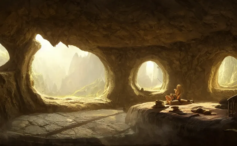 Image similar to painting of a series of living quarters overlooking communal area of a hidden, cozy ring - shaped complex carved inside a mountain, cozy bed, well maintained, clean, medieval, fantasy genre, natural light, fantasy, natural light, concept art, by greg rutkowski and craig mullins, cozy atmospheric and cinematic lighting, trending on artstation