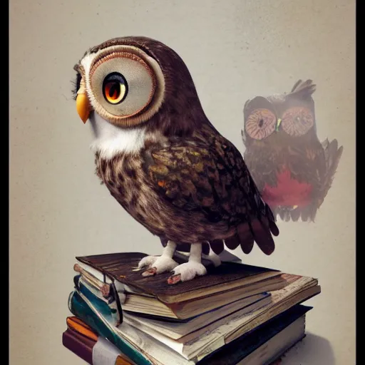 Image similar to long shot of a very cute plushy owl with eyelids half closed sitting on a pile of antique books, by esao andrews, by pixar, humorous illustration, hyperrealistic, big depth of field, fresh colors, dim light, 3 d octane render conceptart, 4 k, hyperdetailed, trending on artstation