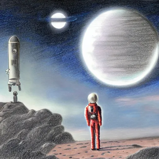 Image similar to Drawing. A beatiful illustration of a planet with two moons in the background. In the foreground, there is a woman wearing a spacesuit and holding a phaser. She is standing on a rocky surface, and there is a ship in the distance. pencil sketch by Steve Argyle, by Mark Ryden composed, lines