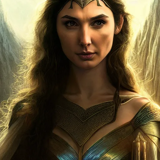 Image similar to An enchanting portrait of Gal Gadot as Galadriel, evening, detailed matte painting, cinematic, Alan Lee, Artstation