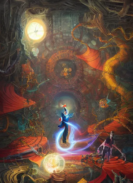 Prompt: the third first image on the scattered absurdity server, dr seuss, and dr strange, very pretty, portal hopping and time warping with wild reckless abandon, dramatic atmosphere, photo realistic, hyperrealism, by Greg rutkowski, Jacek Yerka, Dan Mumford