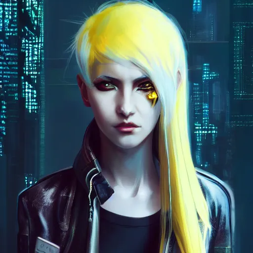 Prompt: A beautiful cyberpunk painting of a female hacker with white hair and yellow eyes by Wlop and ZeD, beautiful face, leather jacket, trending on artstation, pixiv, 4k, HDR, unreal engine