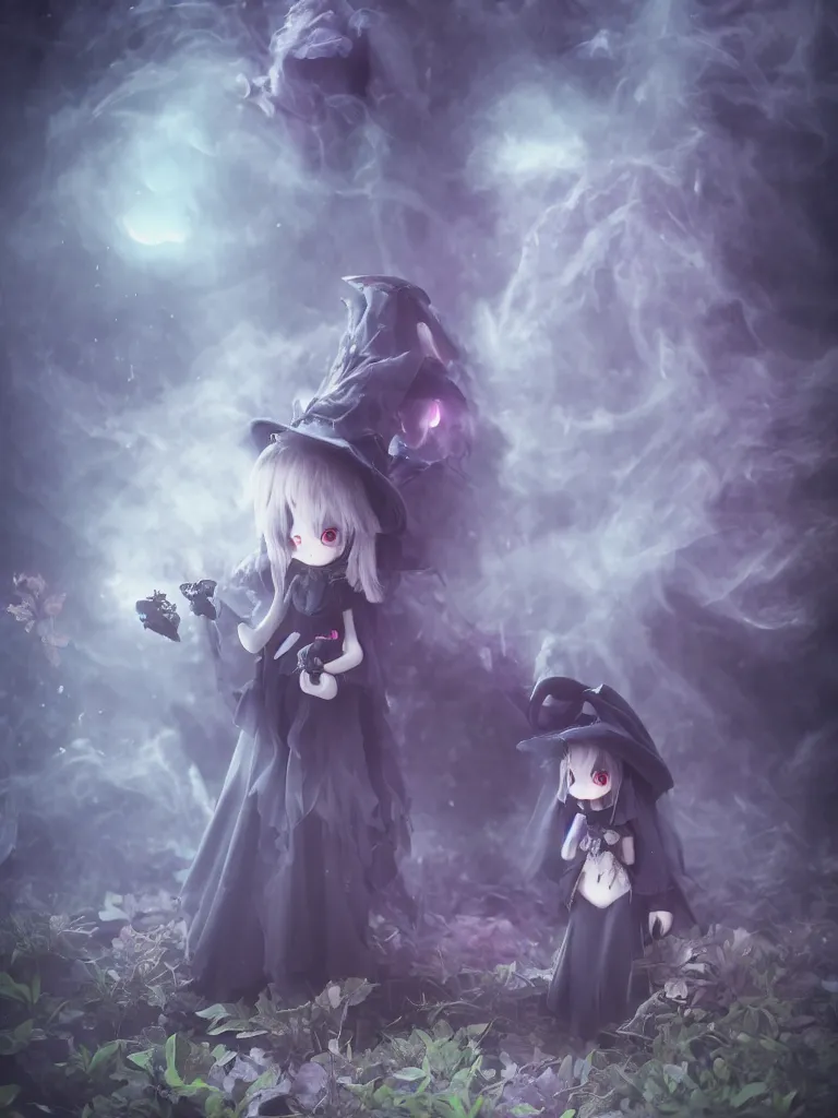 Prompt: cute fumo plush of a frail cursed witch girl wandering the depths of the forbidden jungle, gothic wraith maiden, wispy smoke and volumetric fog, beyond the mirror, filmic, symmetric beauty, moonlight midnight glow, vignette, vray