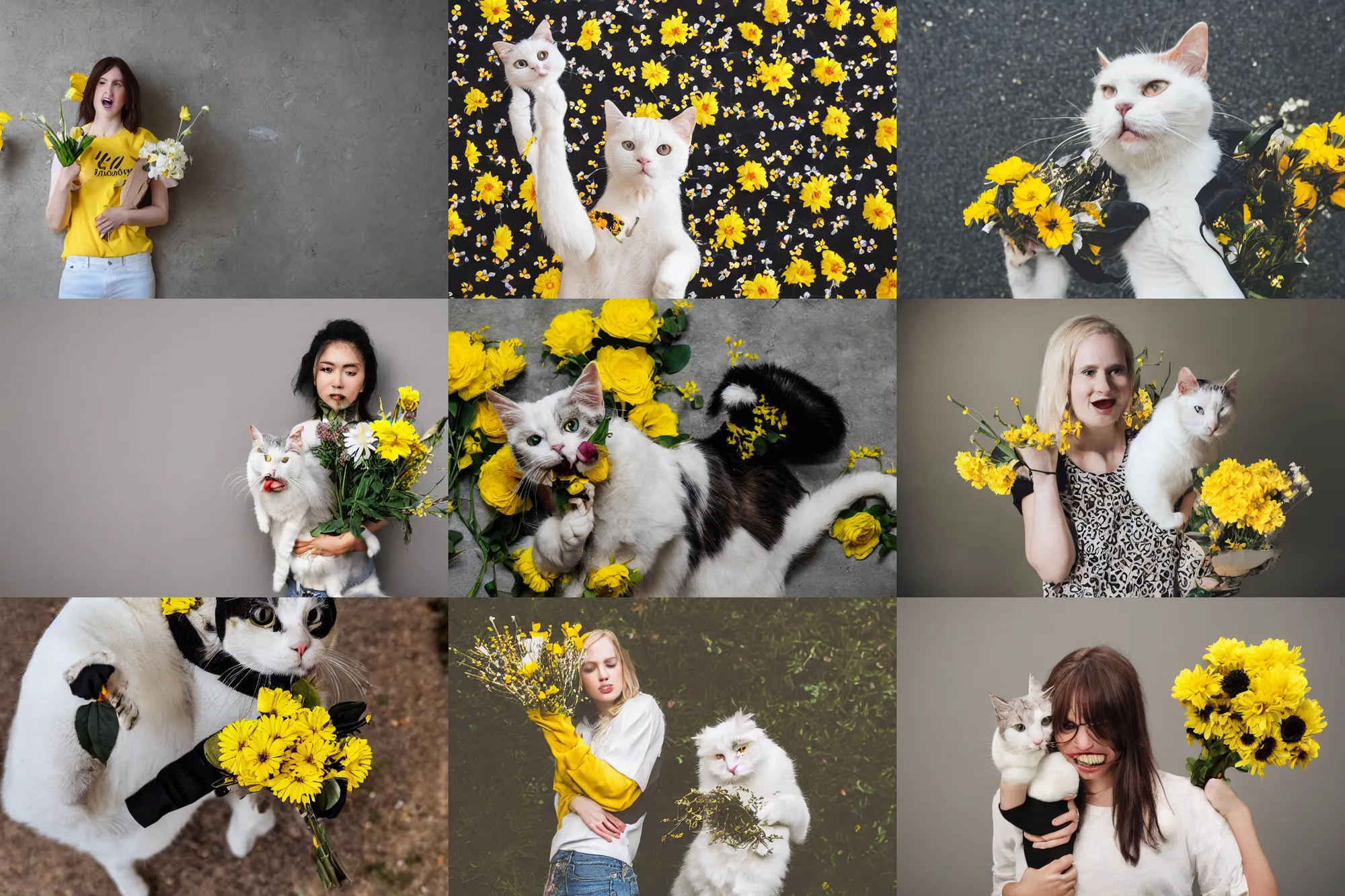 Prompt: wide shot photography of white cat with yellow black patterns, holding a flowers bouquet in her mouth, under a human standing wearing jeans and sneakers, large happy eyes