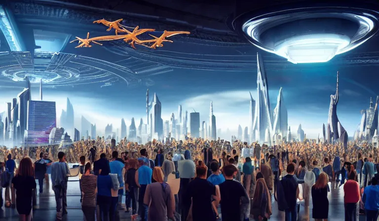 Image similar to crowd of people in large open museum, looking at hologram of futuristic city on a table, cinematic concept art, godrays, golden hour, natural sunlight, 4 k, clear details, tabletop model buildings, center model buildings, hologram center, crane shot, crane shot, crane shot